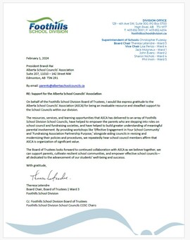 Support from Foothills School Division for the Alberta School Councils' Association