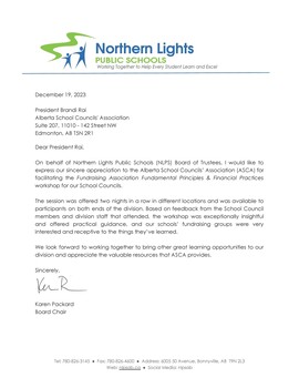 Appreciation from Northern Lights Public Schools